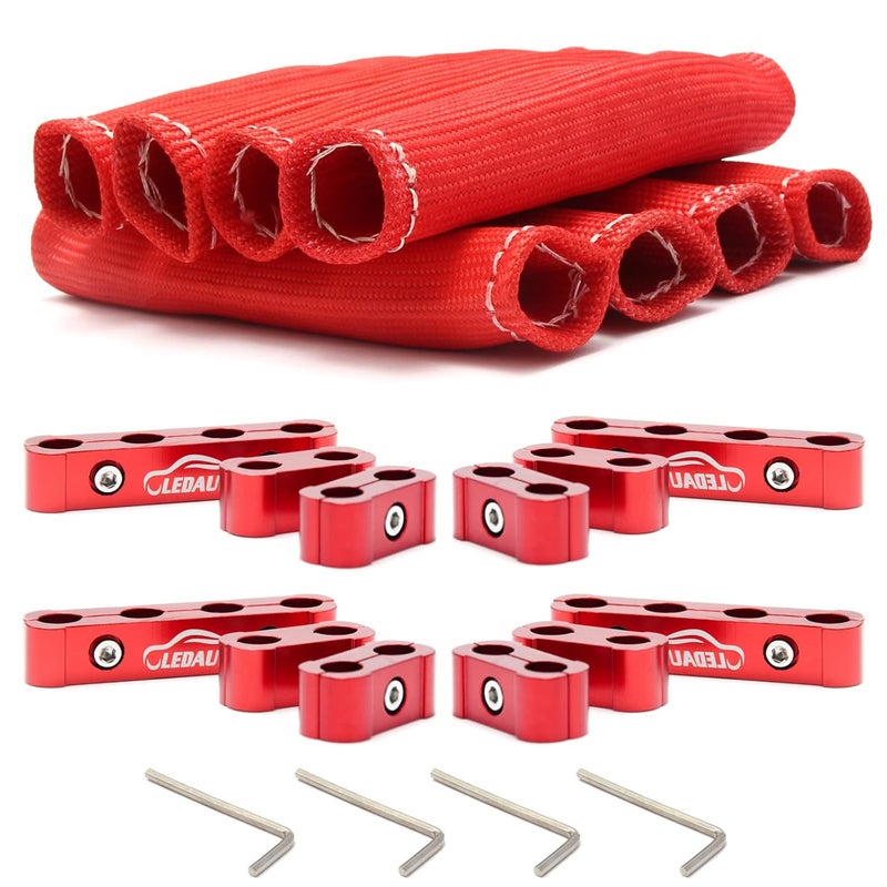 LEDAUT Red 8Cyl Spark Plug Heat Shield Protector and 12pc Engine Separator Insulating Fire Sleeve Wire Protector with Divider Suit for 8mm 9mm 10mm - Image 1